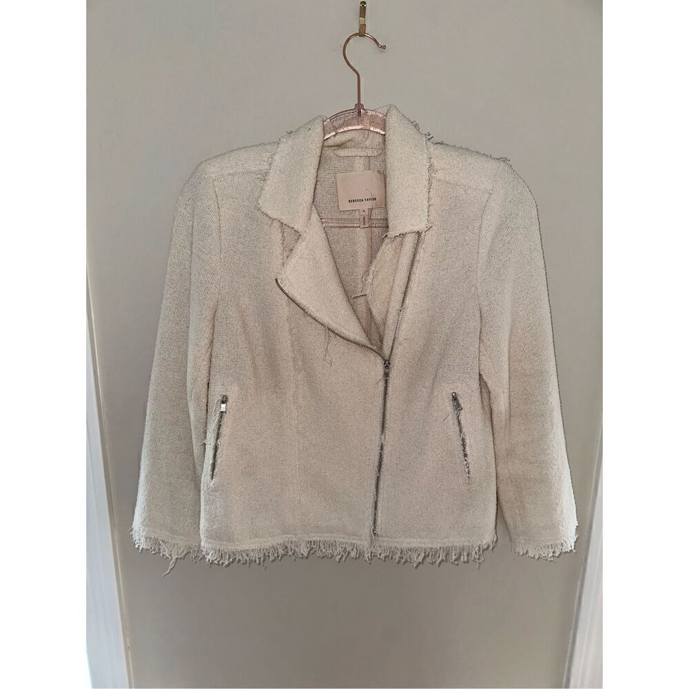 Rebecca Taylor Summer Star Cream Moto Style Tweed Jacket Size 6 Retail $495
